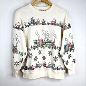 VTG 90s AOP Christmas Crewneck Sweatshirt L Granny Puff Paint Small Town Holiday